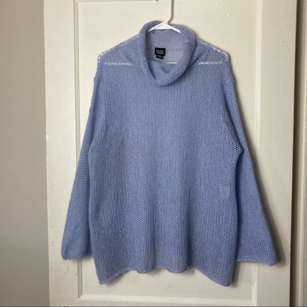 Eileen Fisher lilac periwinkle kid mohair open knit cowl sweater L - Picture 2 of 10